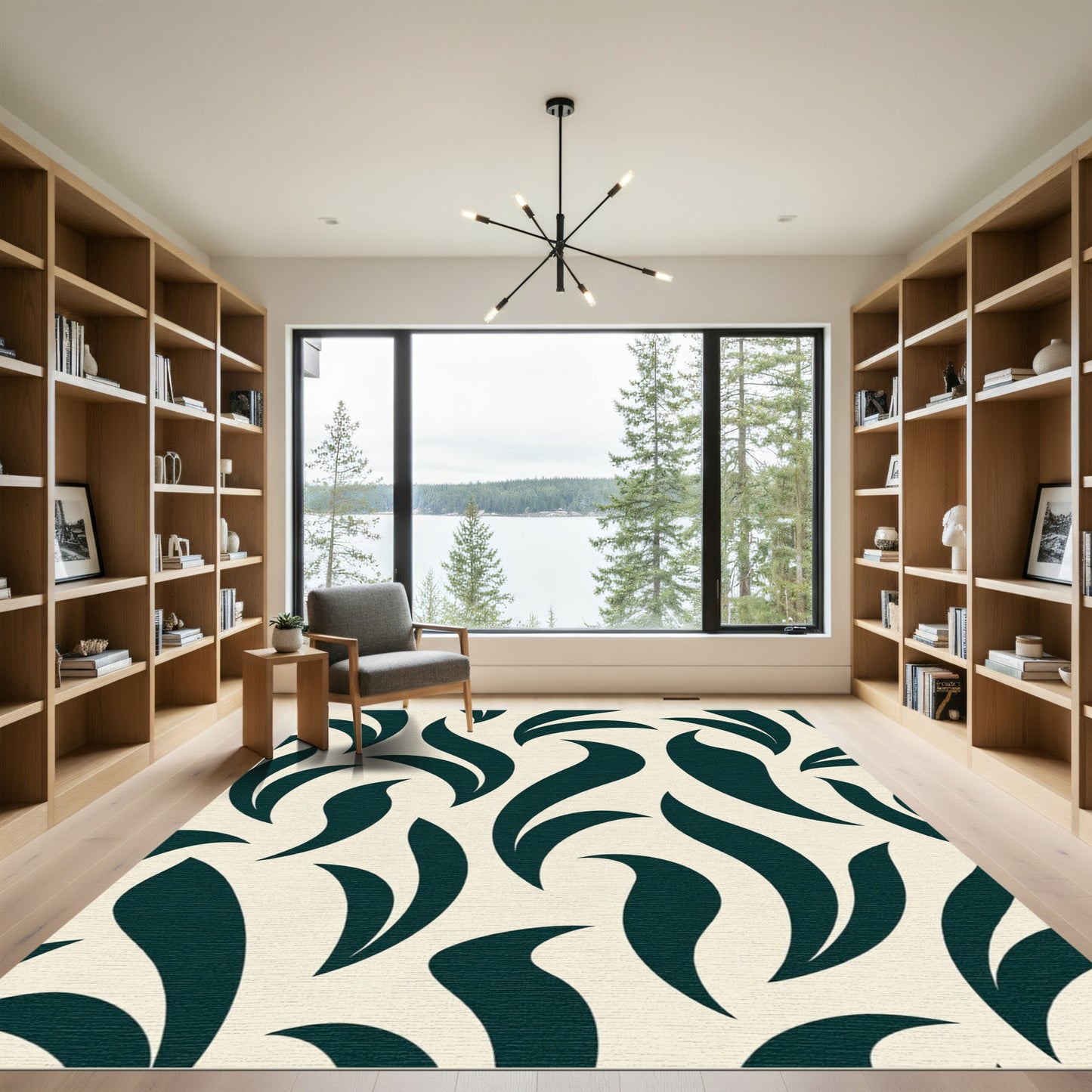 Deep Teal Abstract Leaf Swirl Rug