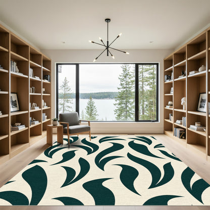 Deep Teal Abstract Leaf Swirl Rug