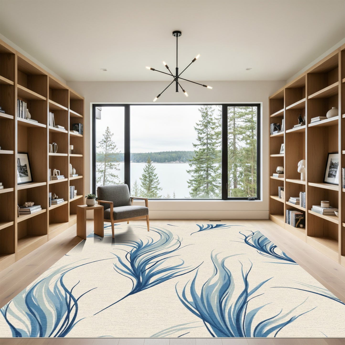 Elegant Blue Feather Swirls Rug