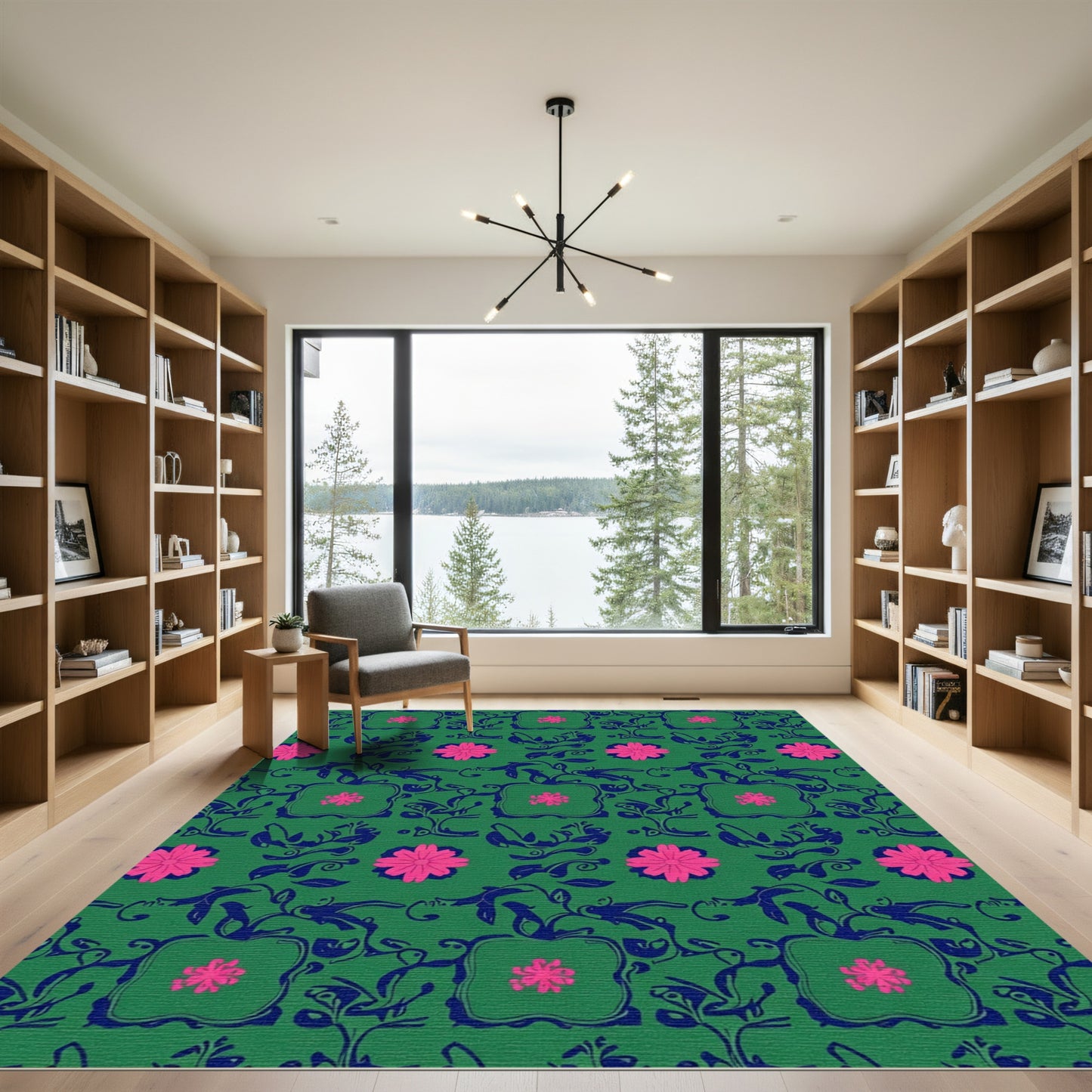 Green Pink Floral Vine Square Rug