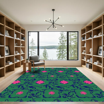 Green Pink Floral Vine Square Rug