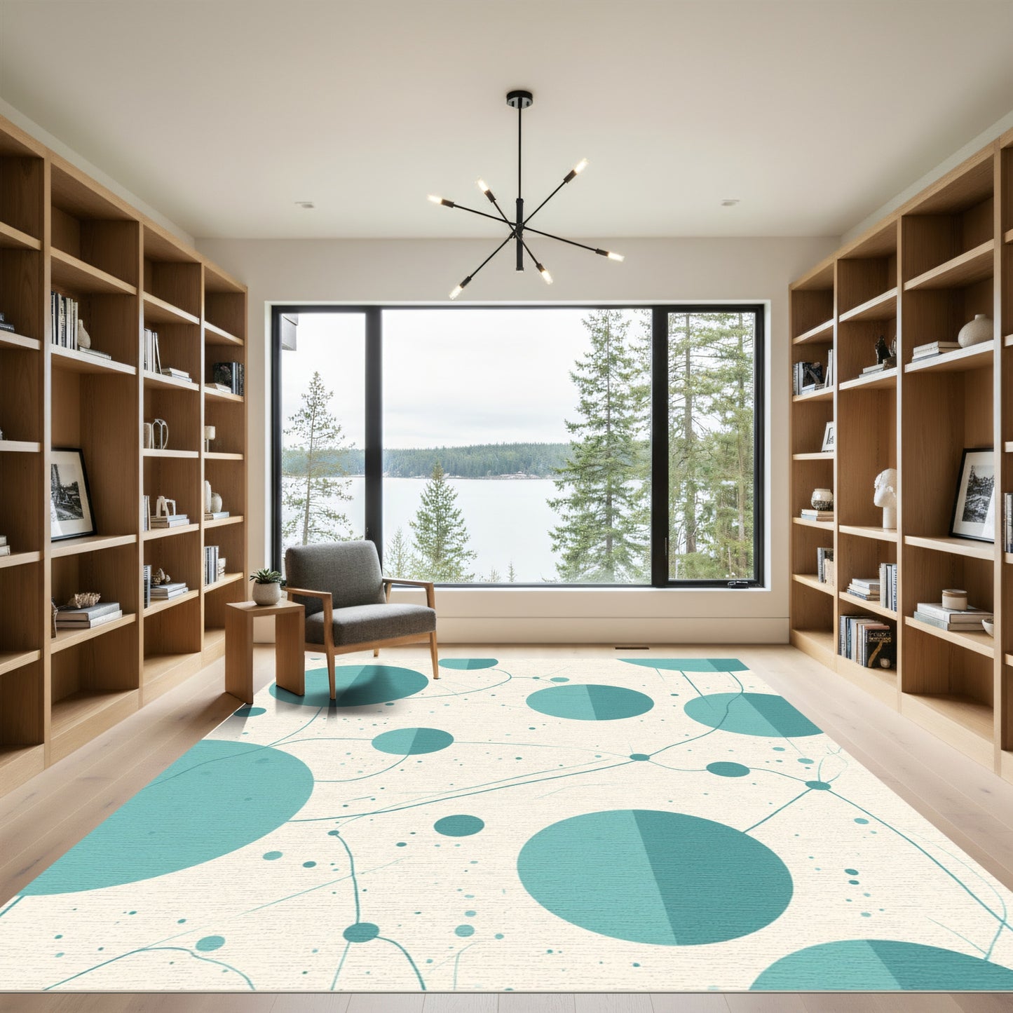 Teal Circles and Lines Abstraction Rug