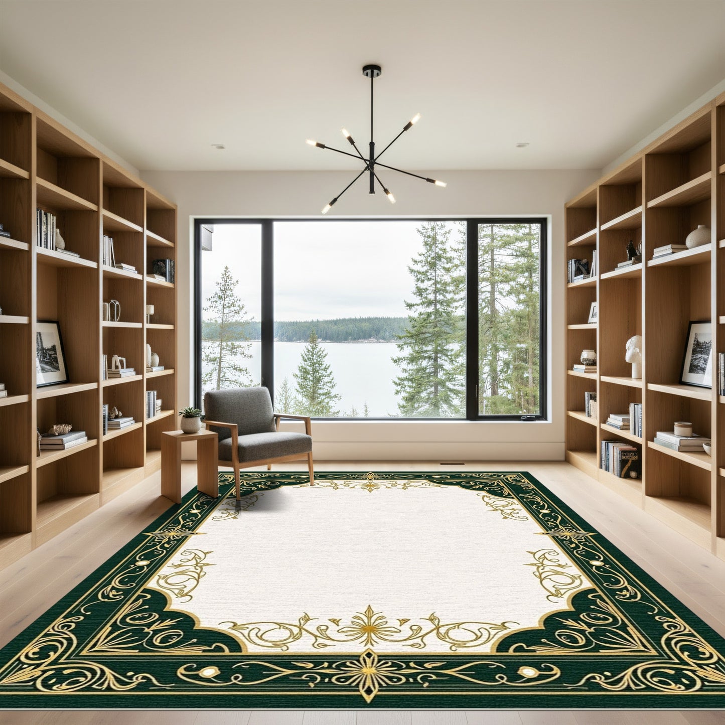 Elegant Emerald Golden Swirl Frame Rug