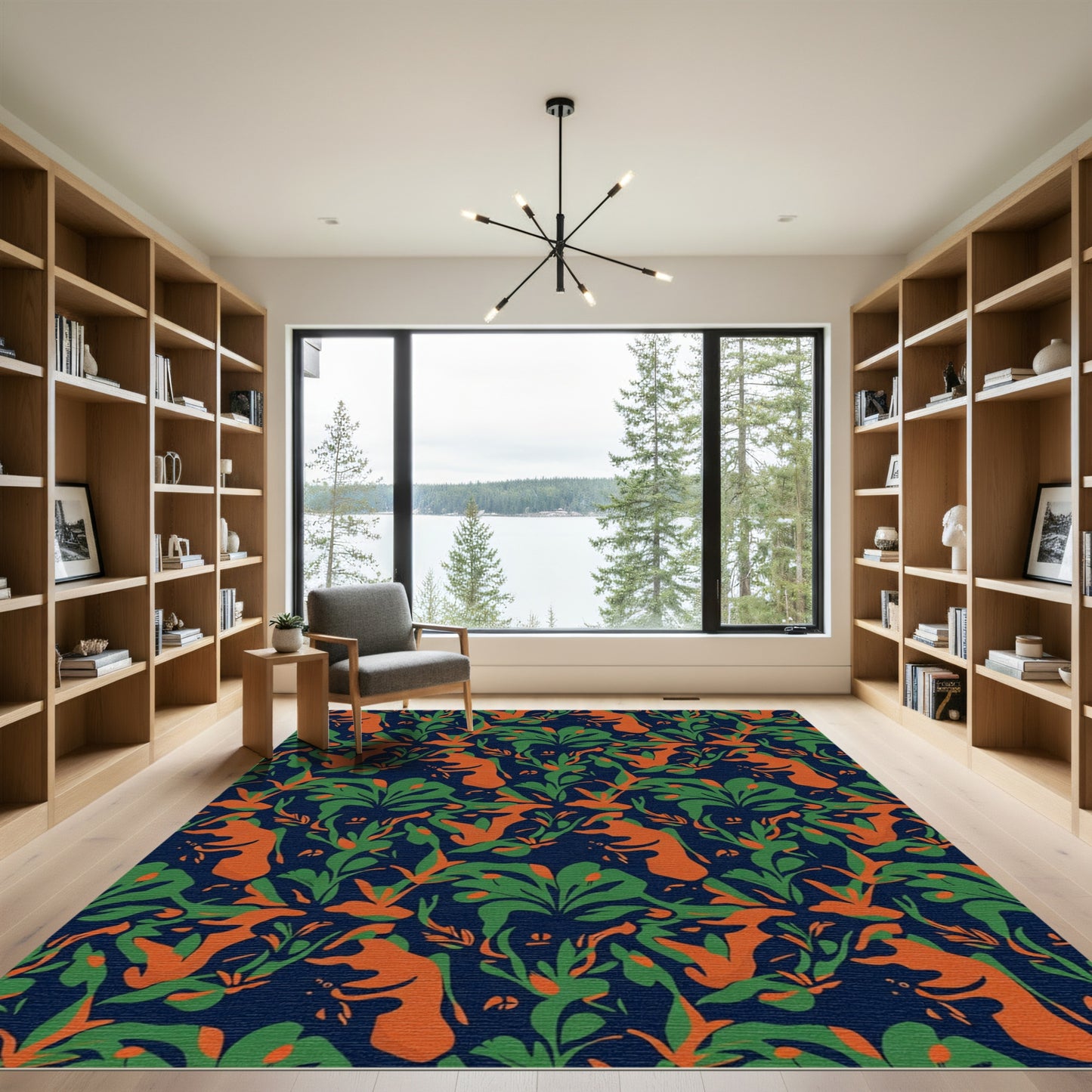 Navy Blue Orange Green Abstract Foliage Rug