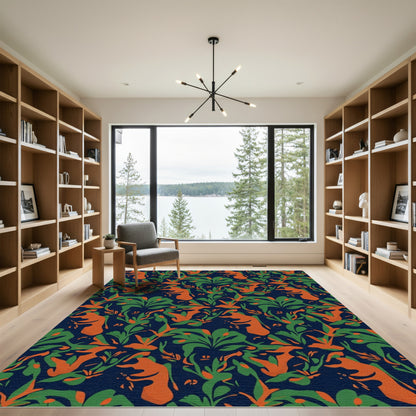 Navy Blue Orange Green Abstract Foliage Rug