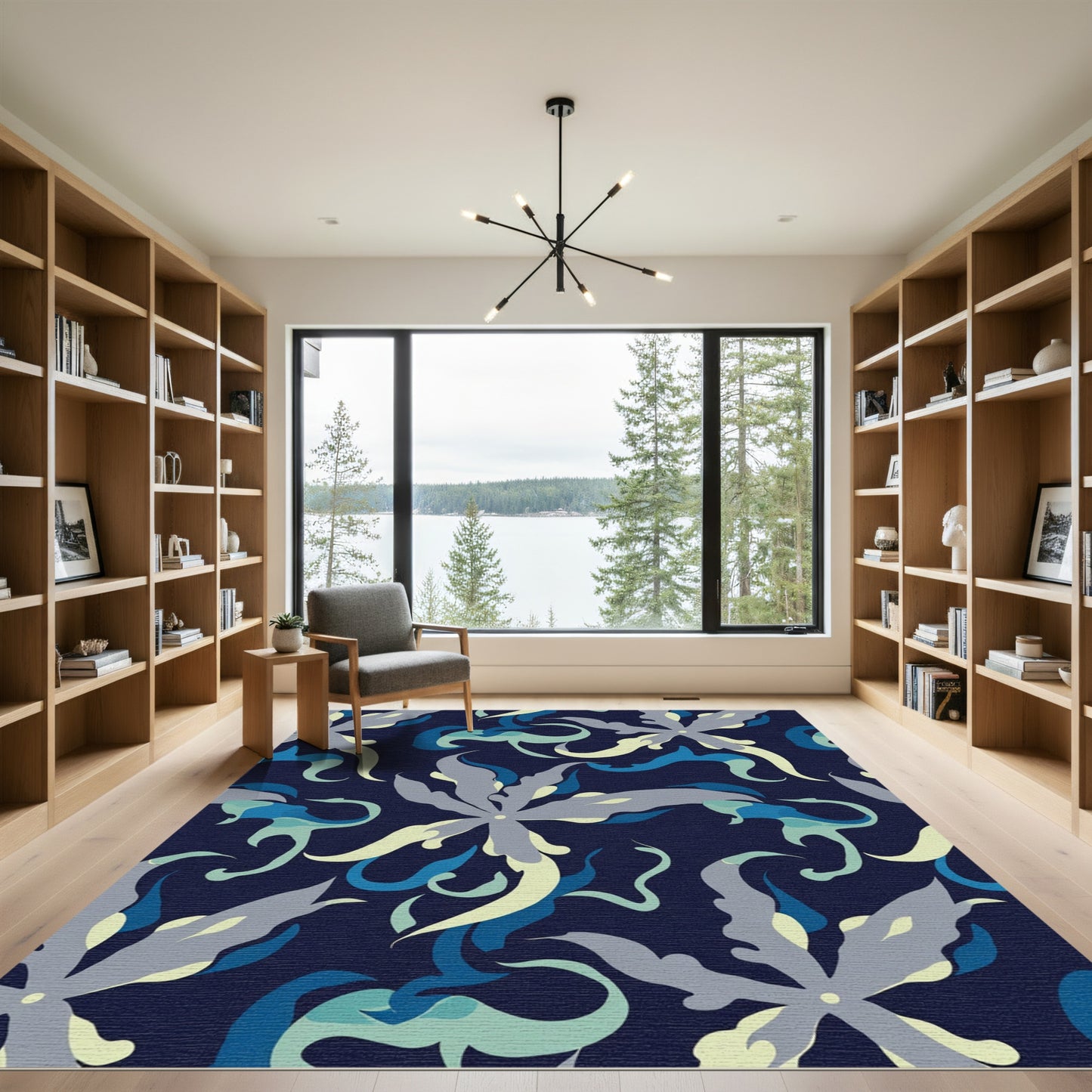 Dark Blue Floral Wave Rug