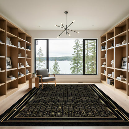 Golden Black Geometric Tile Art Rug