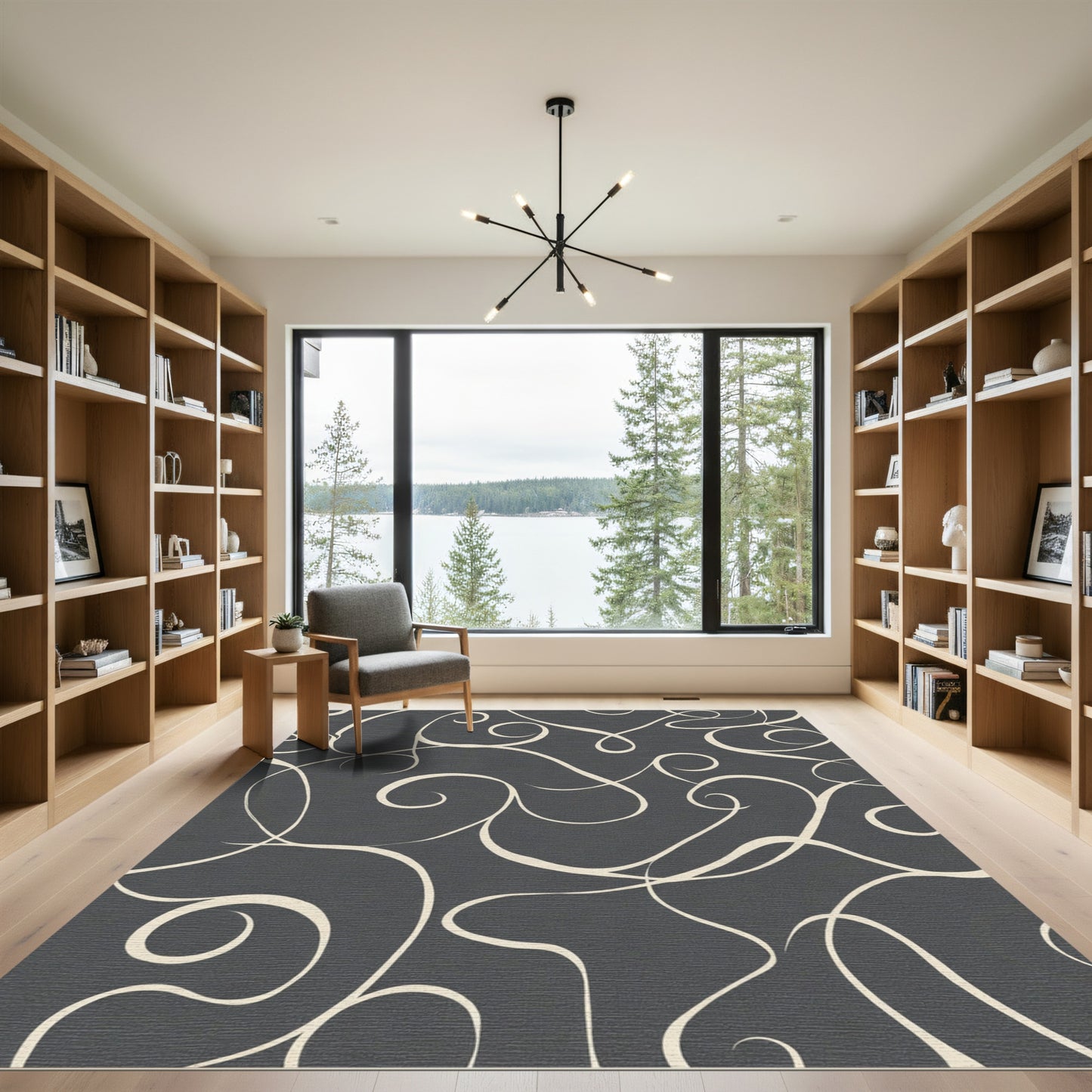 Cream Swirls on Charcoal Background Rug