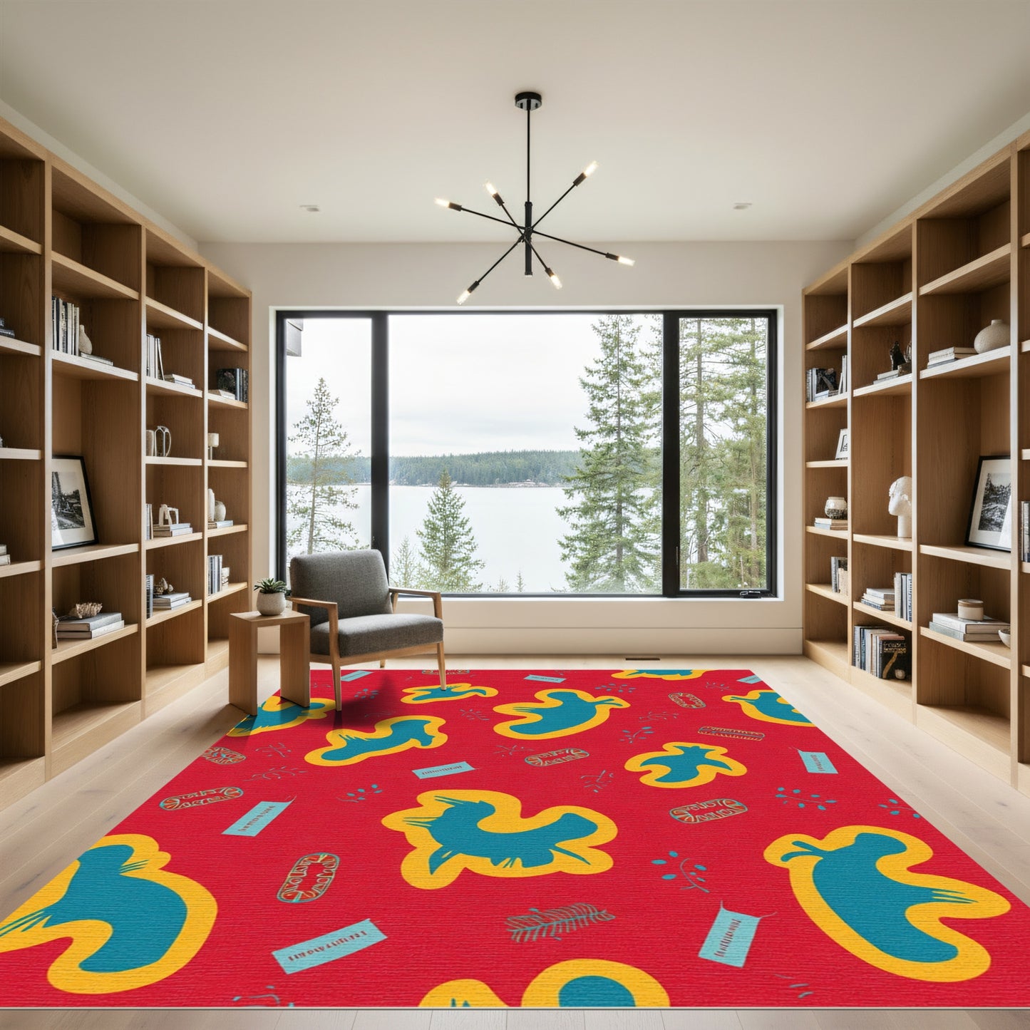 Red Blue Abstract Bird Shapes Rug