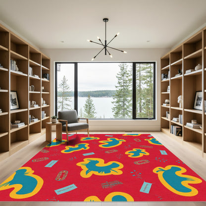 Red Blue Abstract Bird Shapes Rug