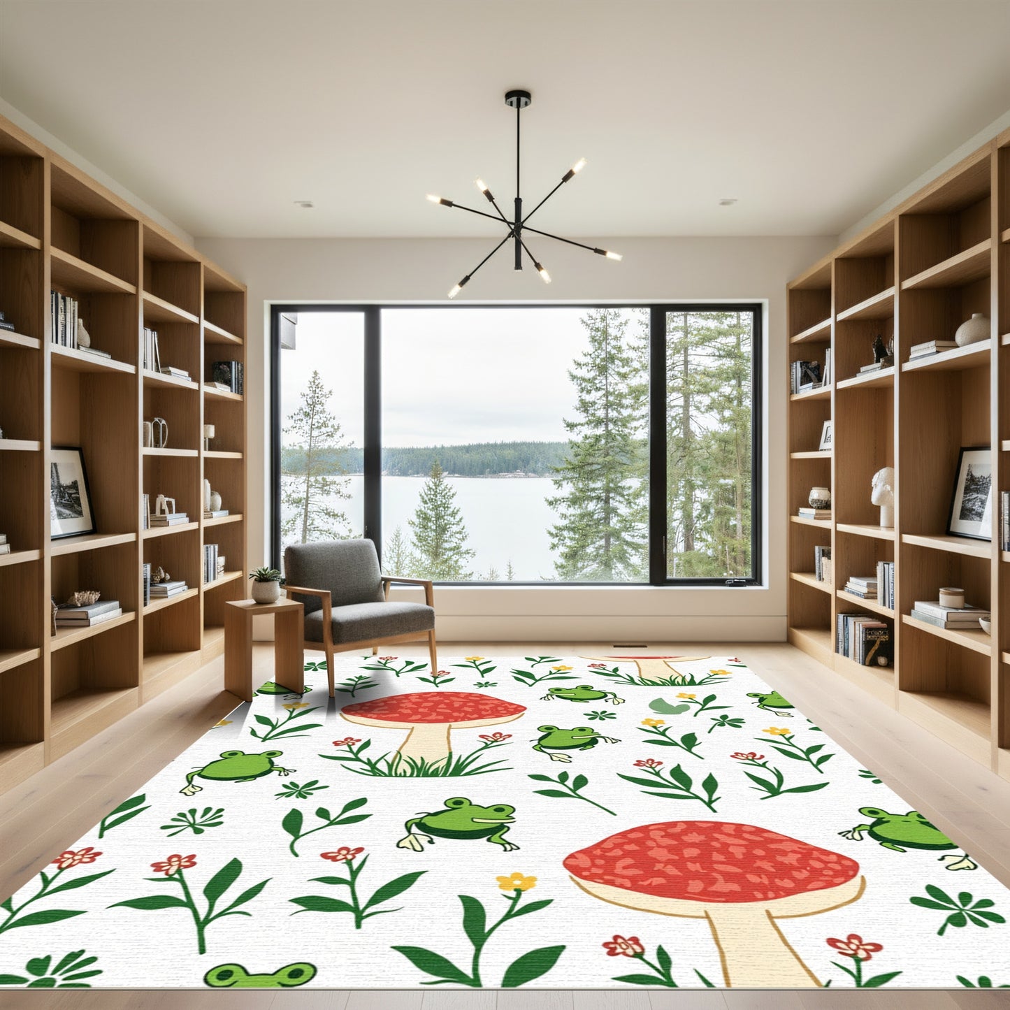 Whimsical Green Frogs Red Mushrooms Garden Rug