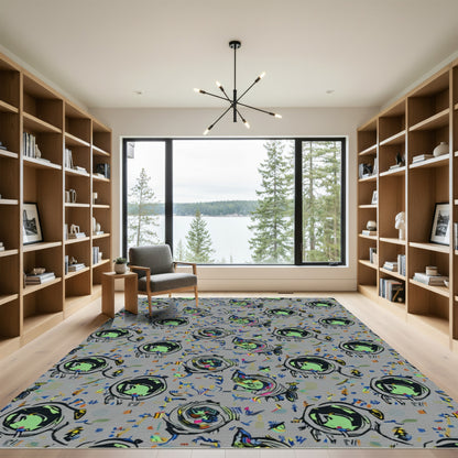 Vibrant Abstract Green Swirls and Faces Rug