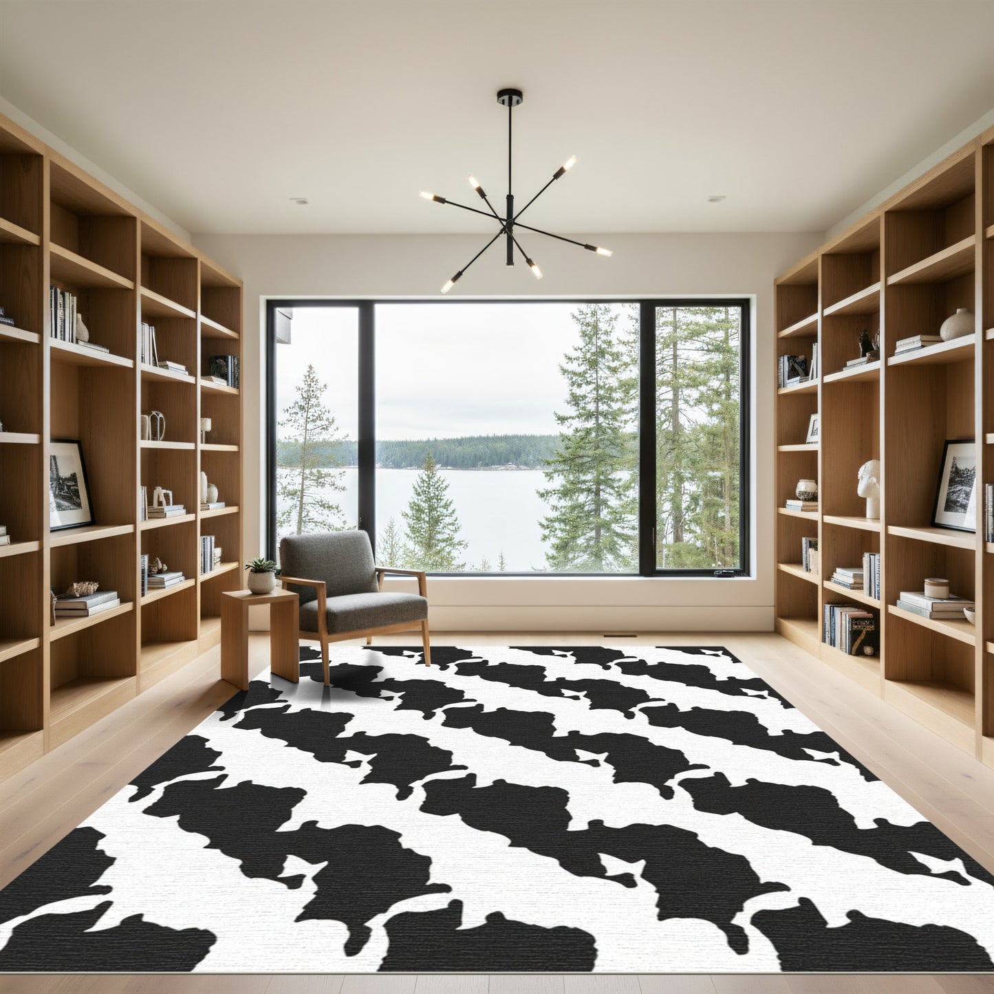 Diagonal Black White Abstract Organic Shapes Rug