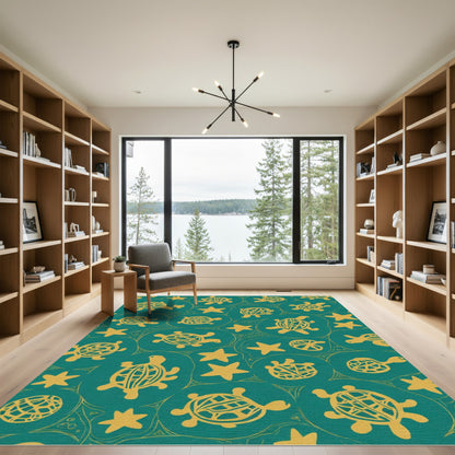 Golden Turtle Starfish Teal Circles Rug