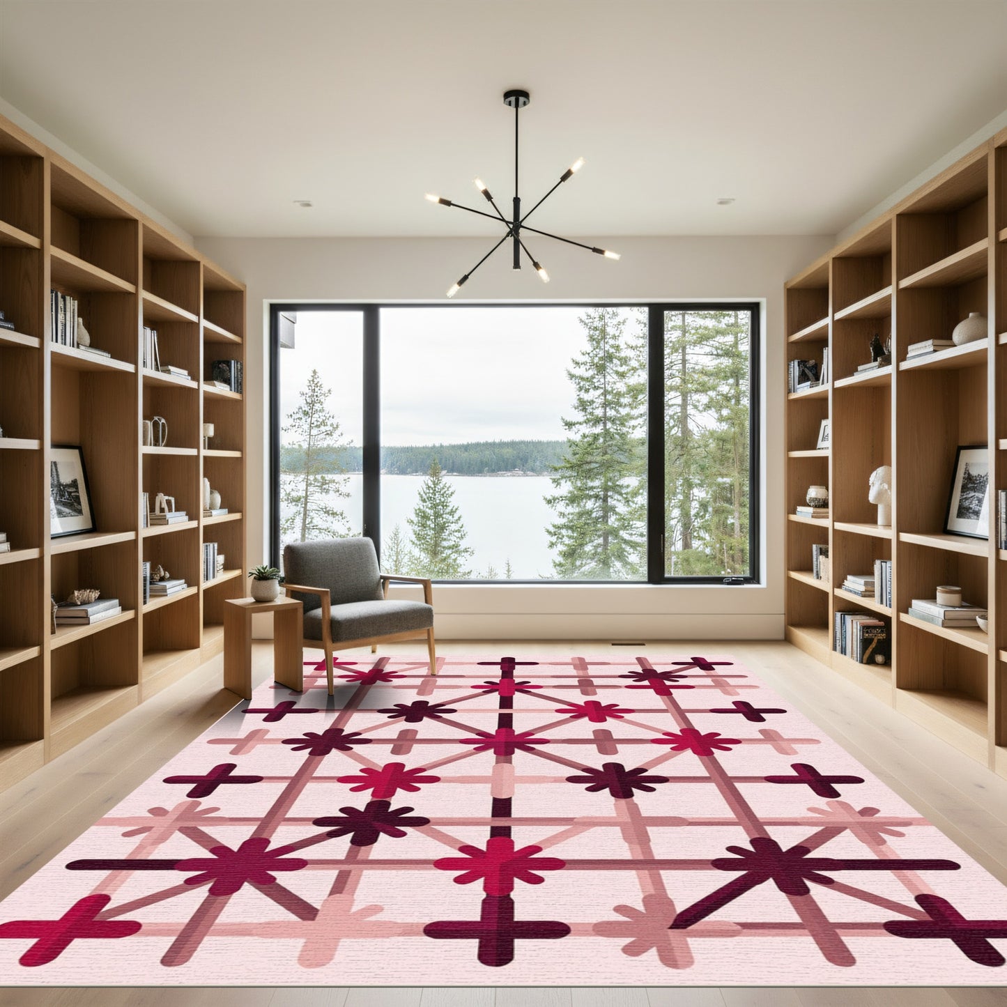 Crimson Pink Geometric Starburst Rug
