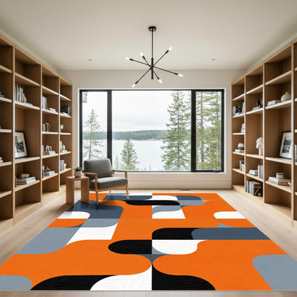 Bold Orange Black Geometric Flow Rug