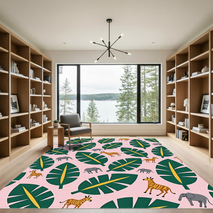 Tropical Elephants And Zebras Pink Rug