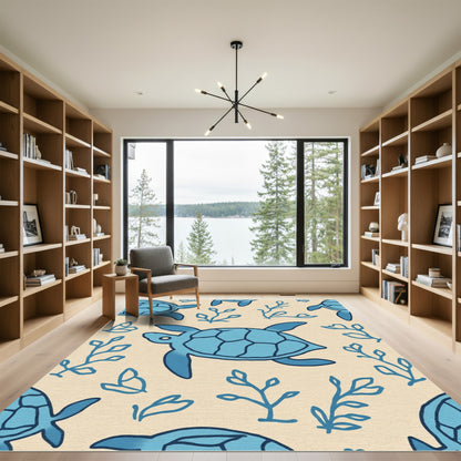 Blue Sea Turtle Botanical Pattern Rug