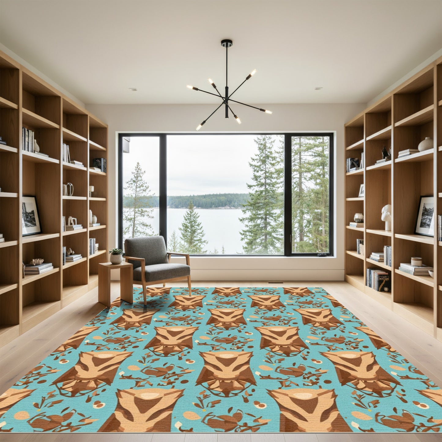 Brown Tawny Owl Blue Abstract Meadow Rug