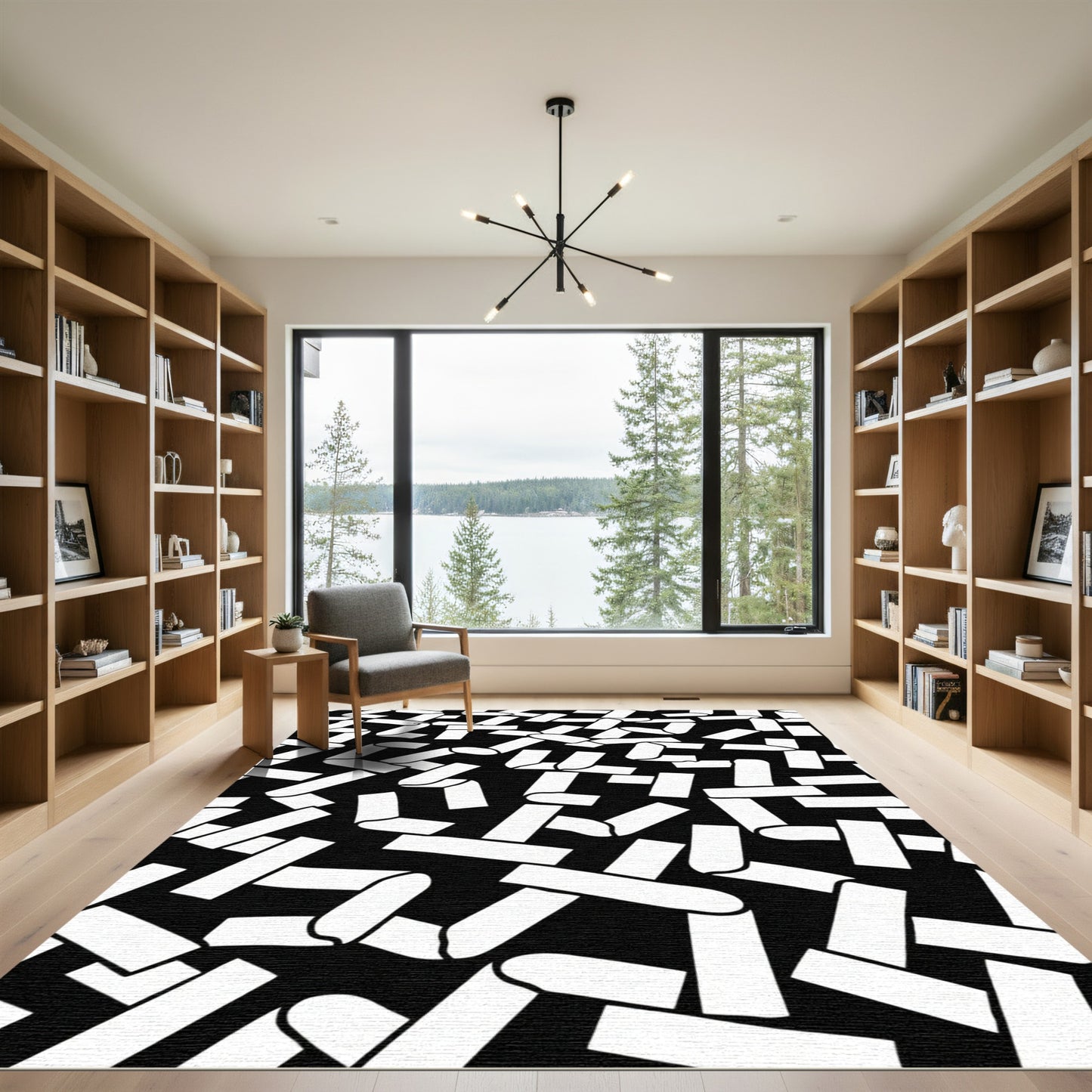 Abstract Black White Interplay Ribbons Rug