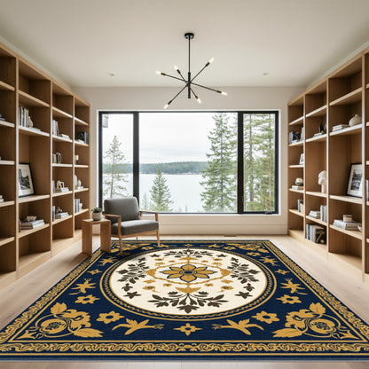 Navy Gold Floral Medallion Oval Rug