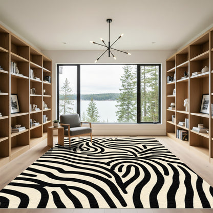 Abstract Black Cream Swirl Lines Rug