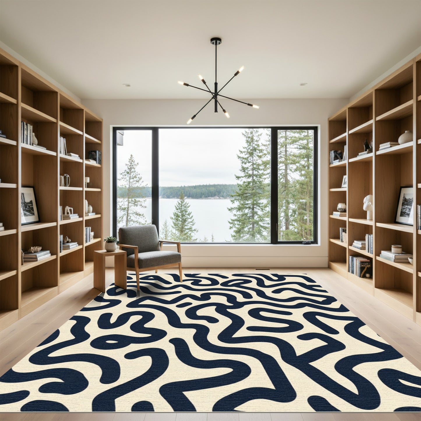 Cream Navy Abstract Wavy Lines Rug