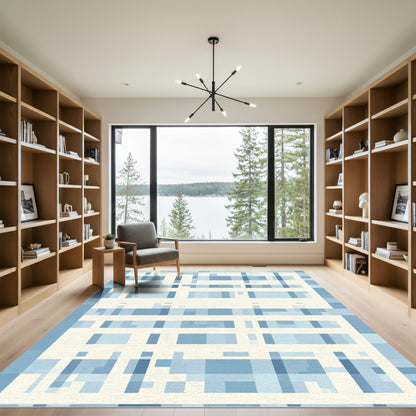 Modern Blue White Geometric Grid Rug