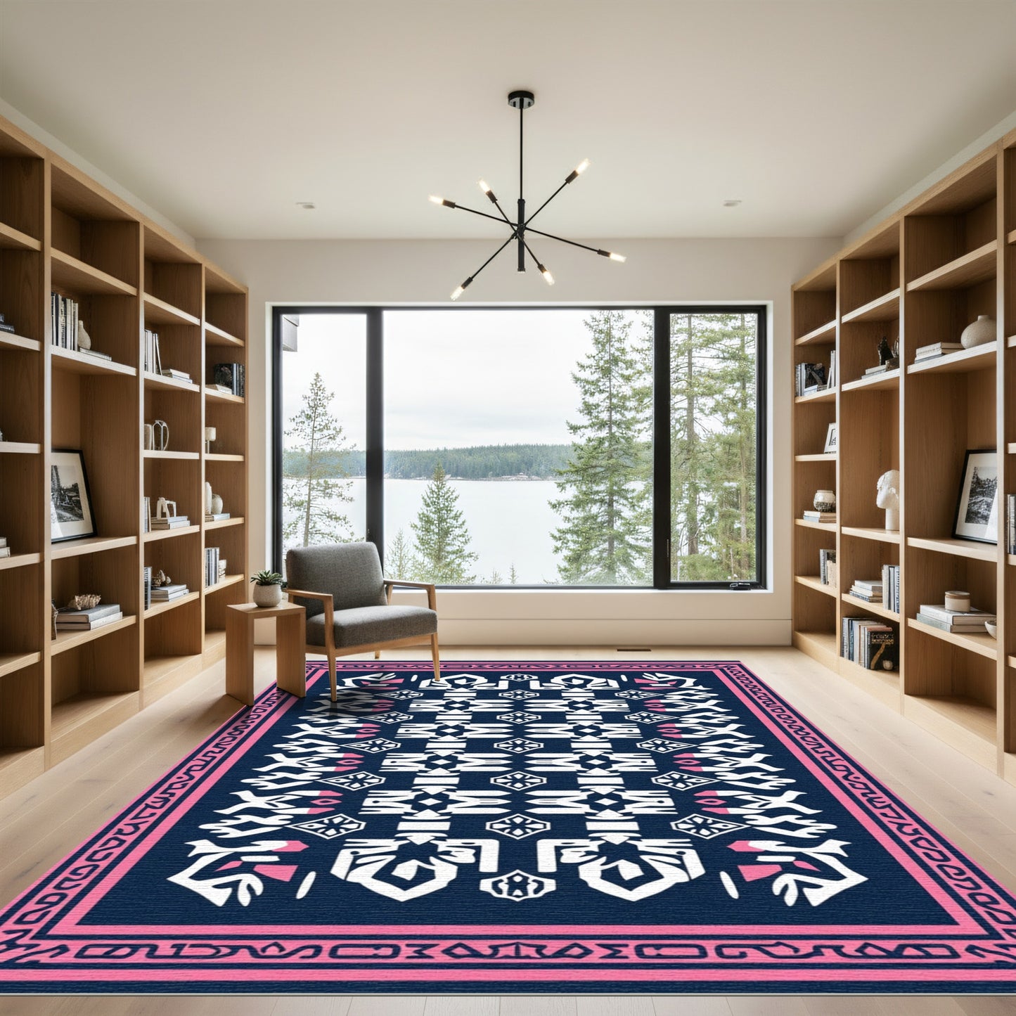 Navy Pink Geometric Folk Art Rug