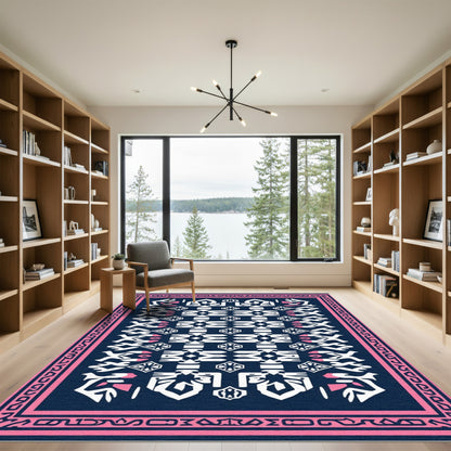 Navy Pink Geometric Folk Art Rug