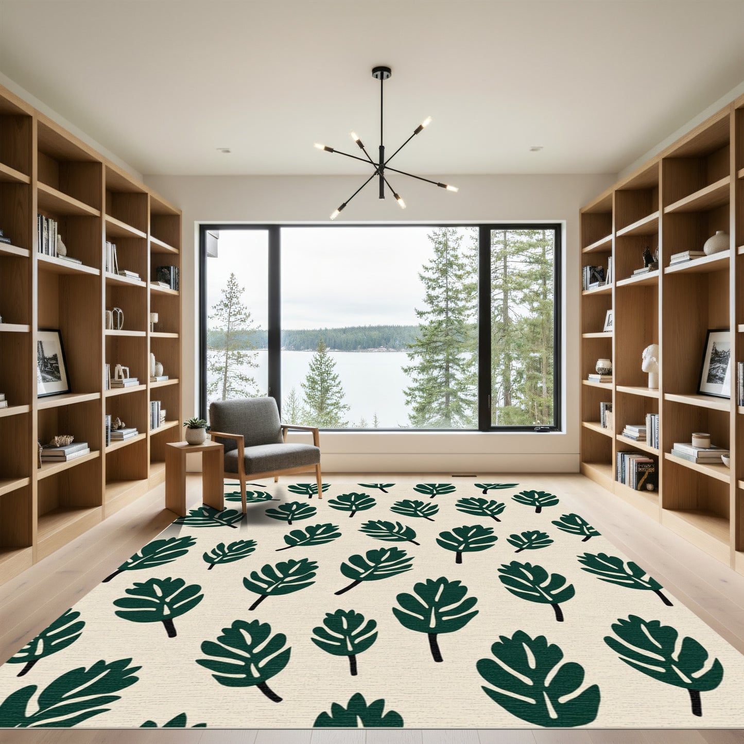 Deep Green Mid Century Leaf Pattern Rug
