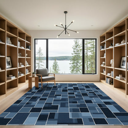 Deep Blue Pixelated Geometric Collage Rug