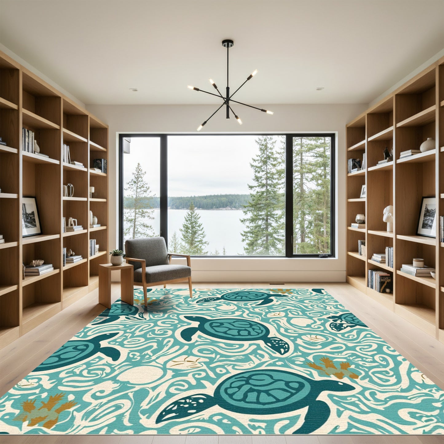 Teal Sea Turtle Abstract Ocean Swirls Rug