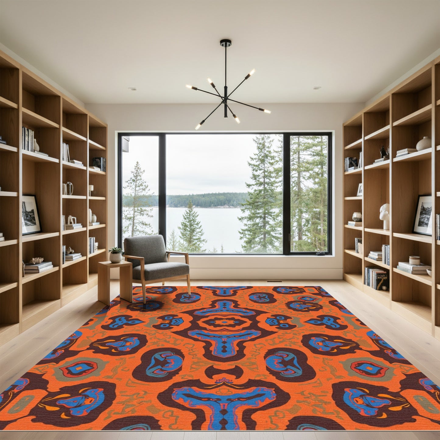 Orange Blue Brown Symmetrical Organic Shapes Rug