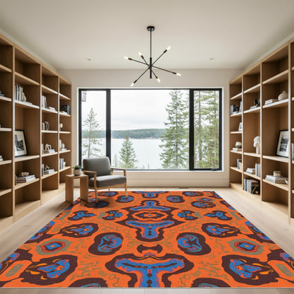 Orange Blue Brown Symmetrical Organic Shapes Rug