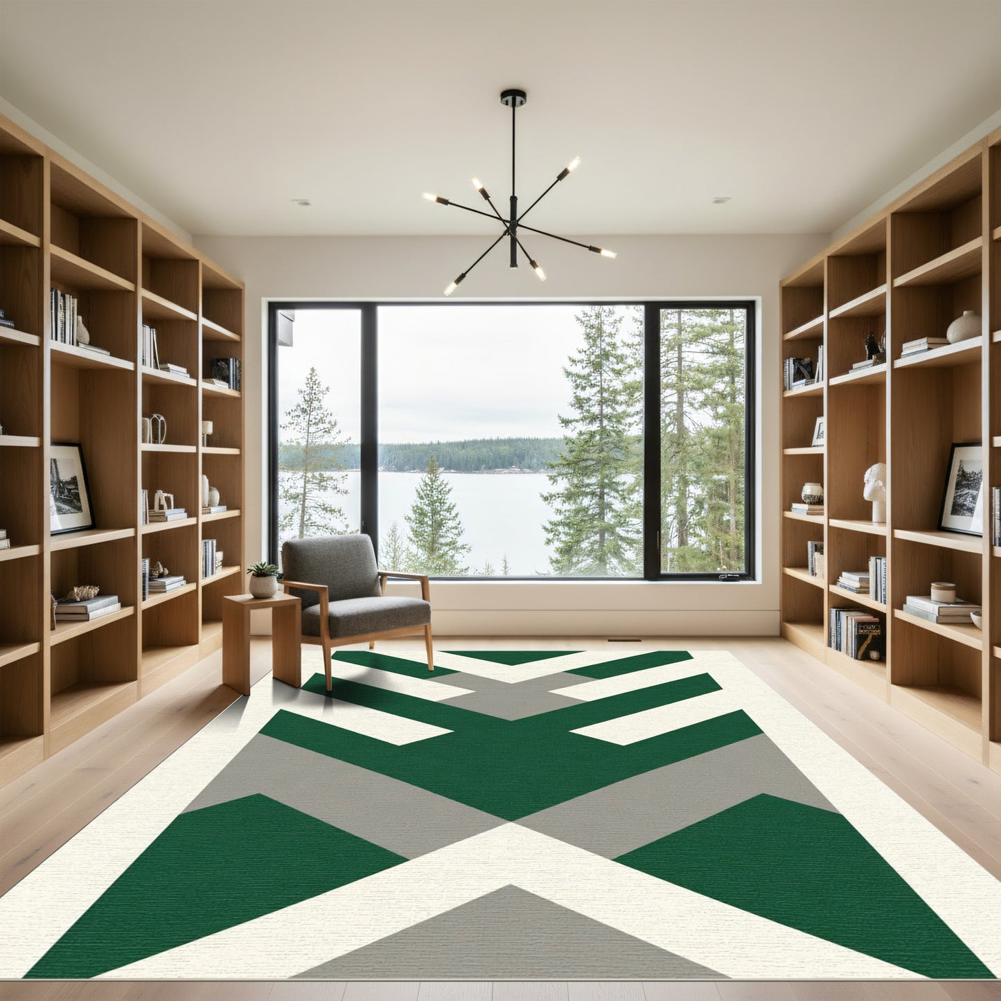 Green Gray White Geometric Chevron Rug