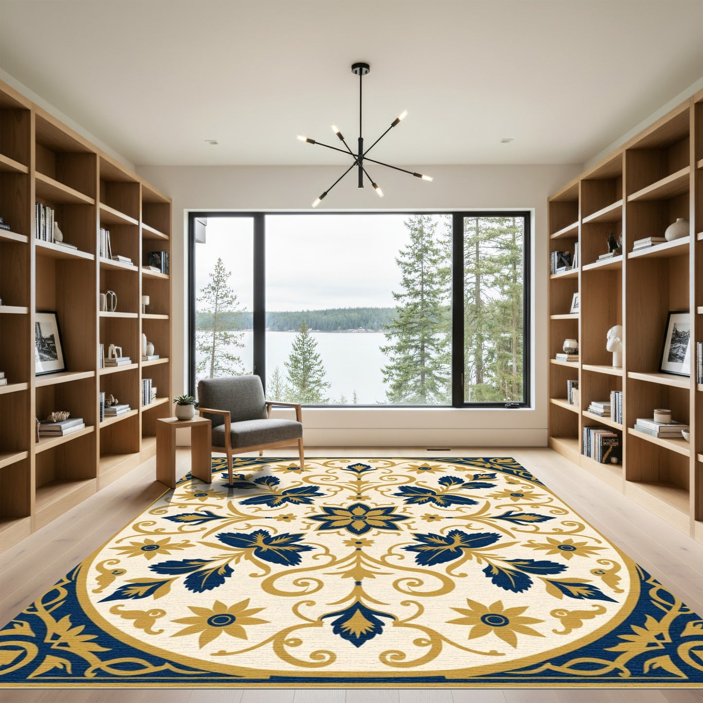Navy Gold Floral Oval Medallion Rug