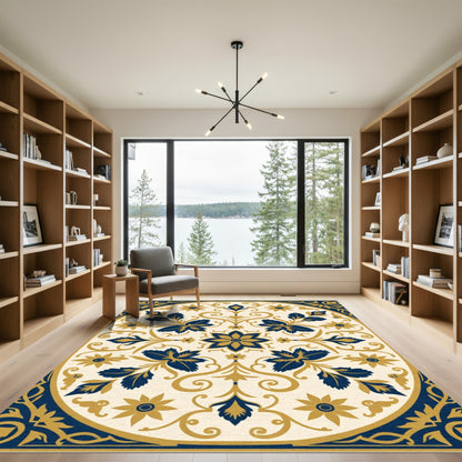 Navy Gold Floral Oval Medallion Rug