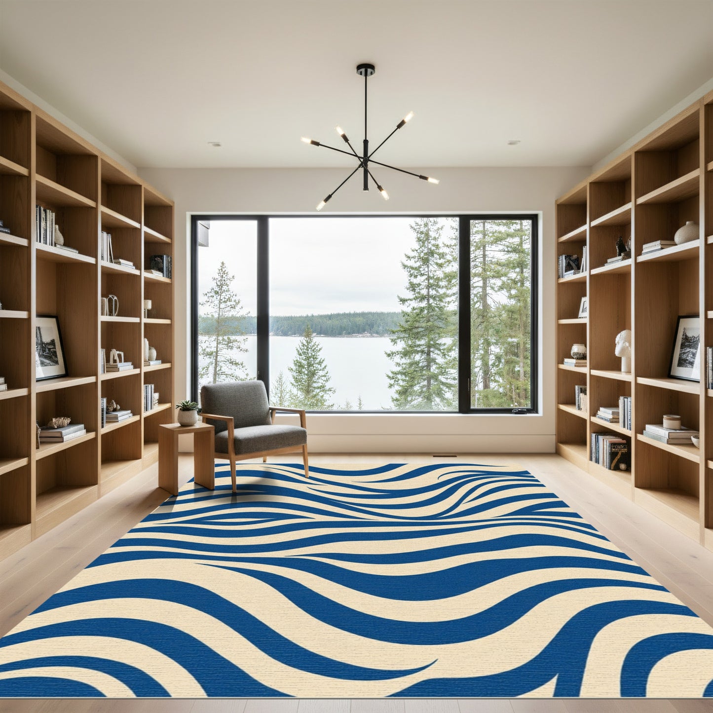Deep Blue Ivory Wavy Stripes Rug