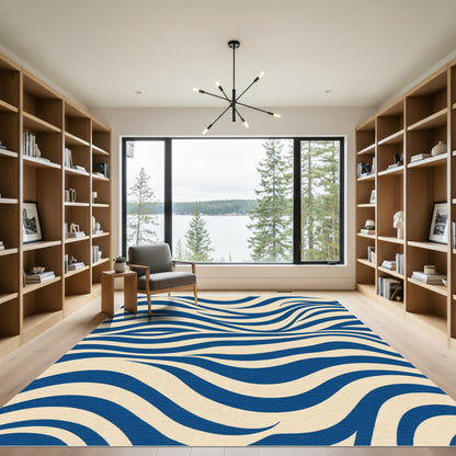 Deep Blue Ivory Wavy Stripes Rug