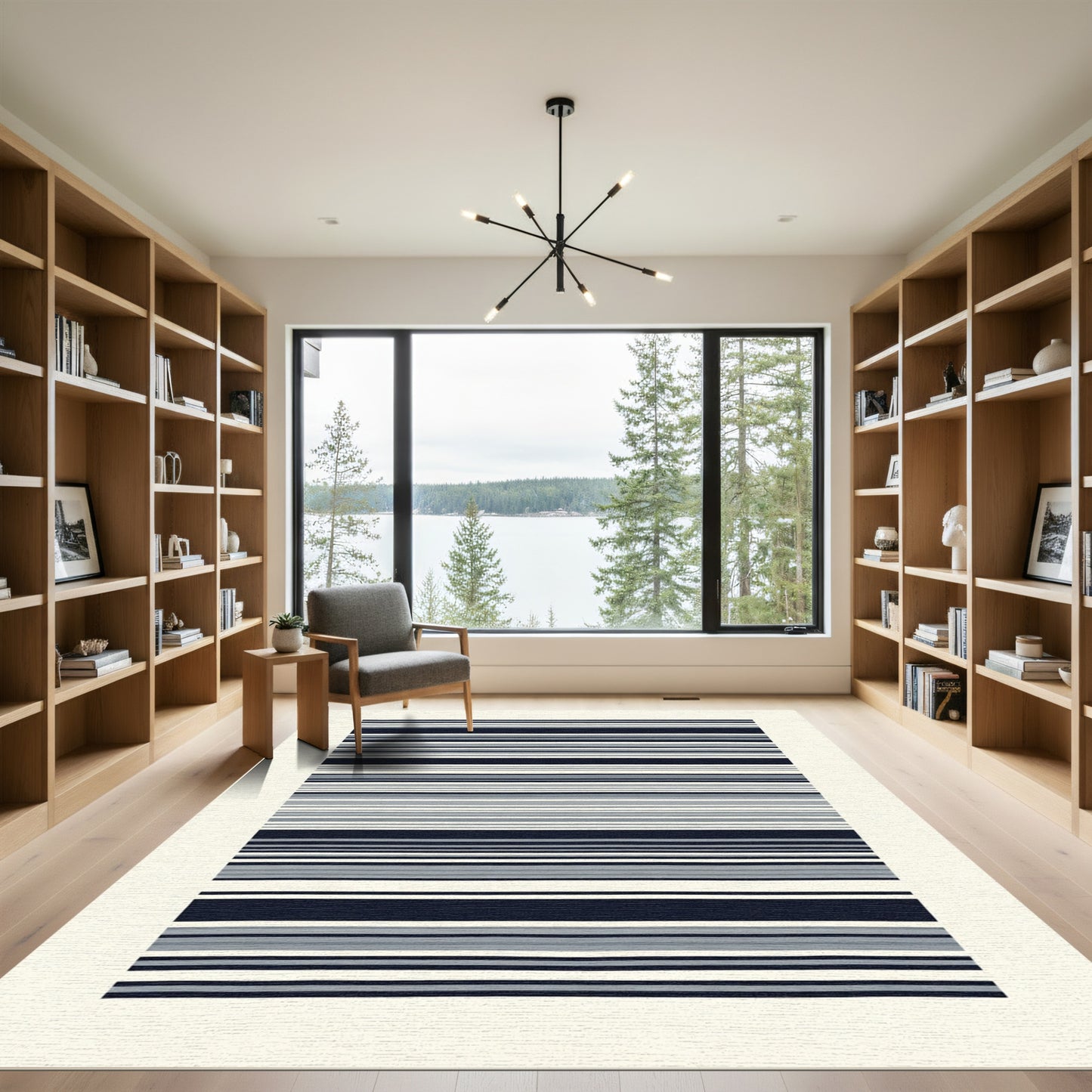 Navy Blue Gray White Striped Horizontal Rug