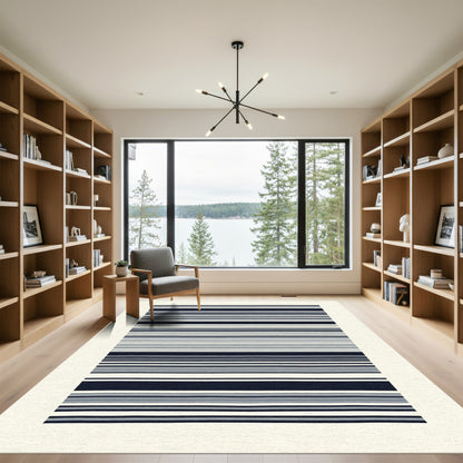 Navy Blue Gray White Striped Horizontal Rug