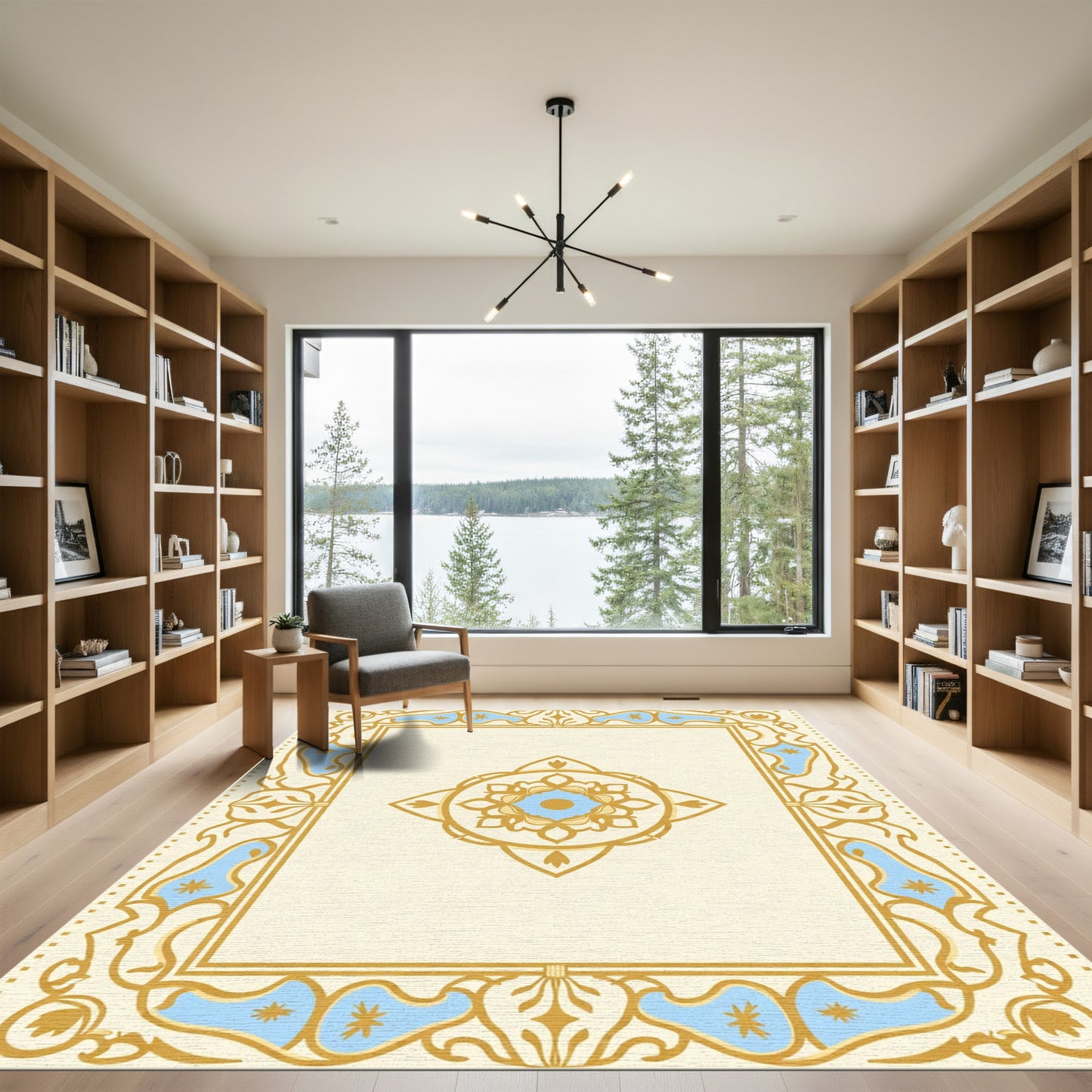 Gold Blue Floral Lattice Center Rug