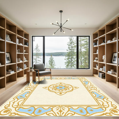 Gold Blue Floral Lattice Center Rug