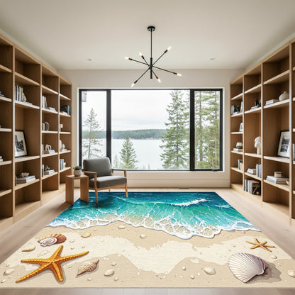 Teal Waves Sandy Beach Seashells Starfish Rug