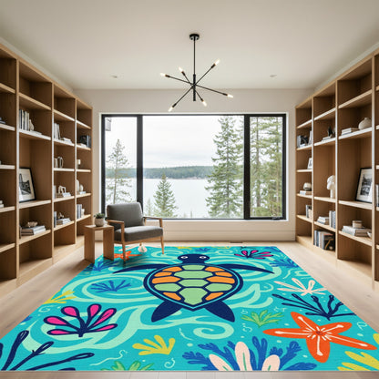 Aqua Blue Turtle Coral Garden Rug