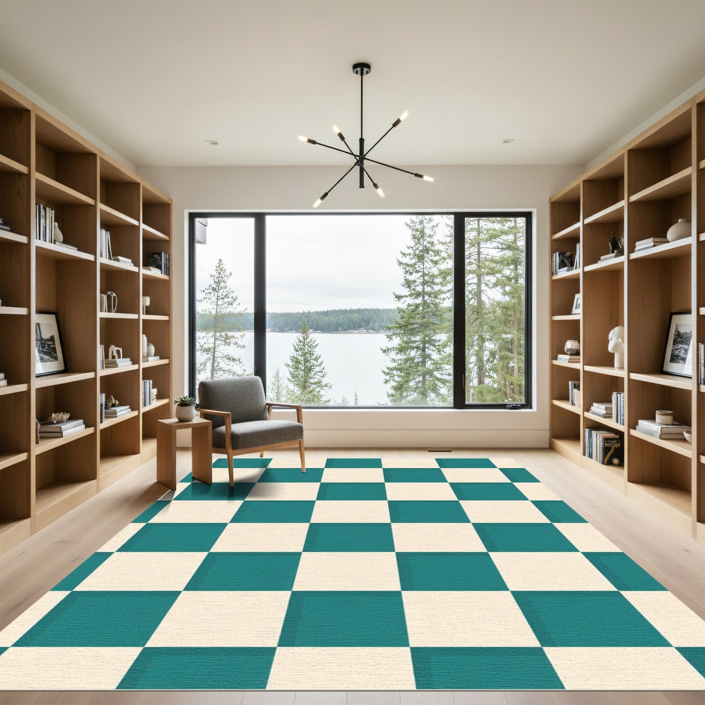 Teal Cream Checkerboard Square Rug