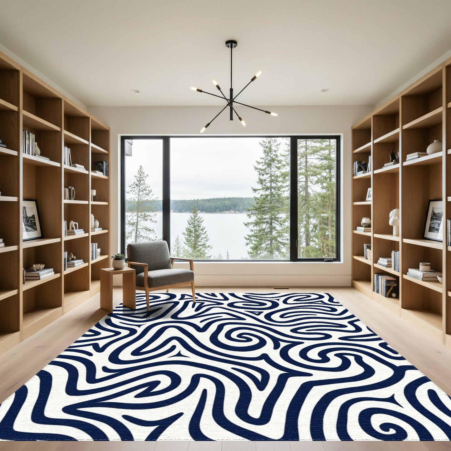 Navy Wavy Lines Abstract Rug