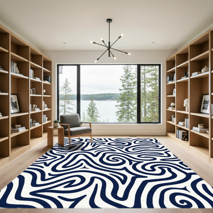 Navy Wavy Lines Abstract Rug