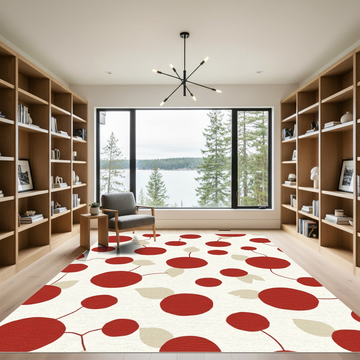 Red and Beige Circles Branching Accents Rug
